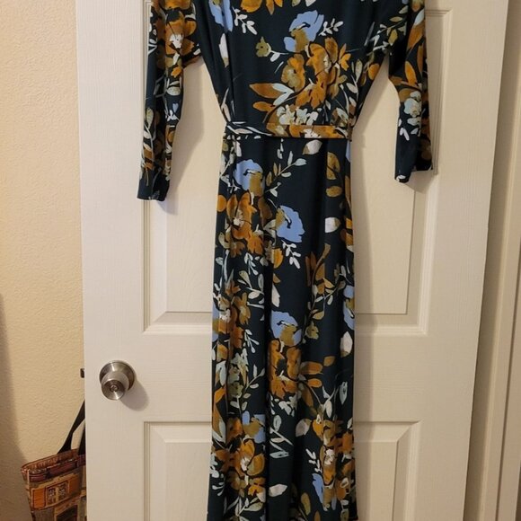 Du Jour Dark Green Floral Boho 3/4 Sleeve Faux Wrap Maxi Dress Size Medium - Picture 6 of 11